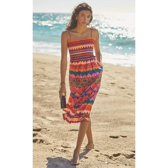 Anthropologie Farm Rio Smocked Cover-Up Dress Hearts Beaded Tassels Size Large - Picture 1 of 6